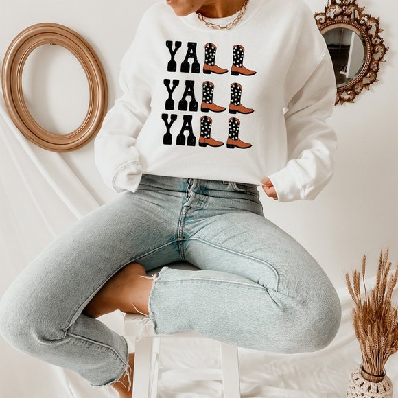 SimplyBeverly Sweaters - Yall Yall Yall Black and Orange Cowboy Cowgirl Western Boots Sweatshirt